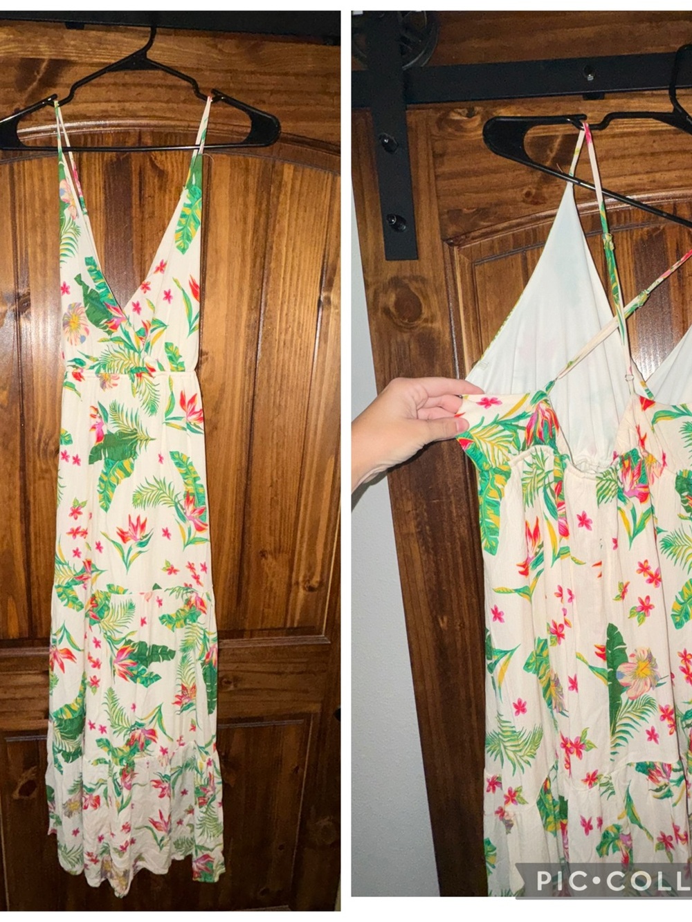 Women's Floral Maxi Slip Dress - Cream with Green & Pink Tropical Print